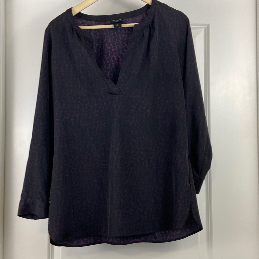 Ann Taylor Purple-Black Printed V-Neck Blouse
